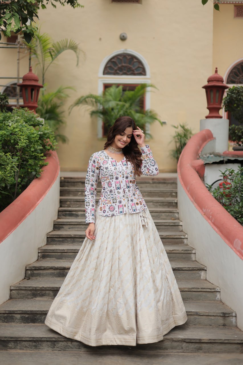 White Elegant Viscose Jacquard Lehenga with Embroidered Faux Georgette Peplum ClothsVilla.com Main image