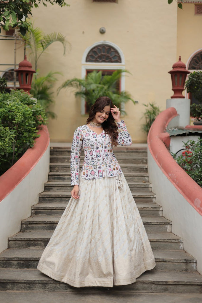 White Elegant Viscose Jacquard Lehenga with Embroidered Faux White Elegant Viscose Jacquard Lehenga with Embroidered Faux