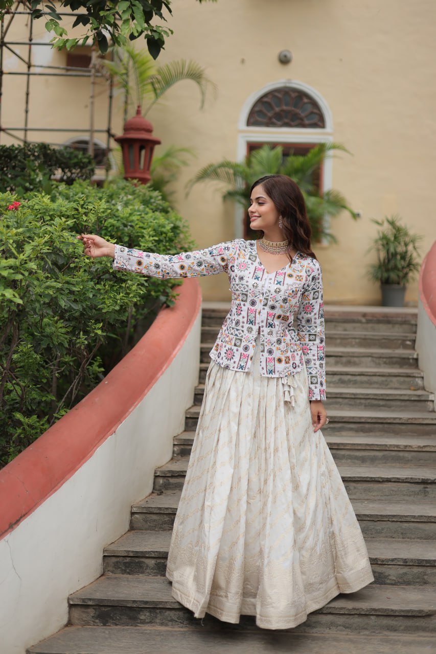 White Elegant Viscose Jacquard Lehenga with Embroidered Faux Georgette Peplum Secondary image