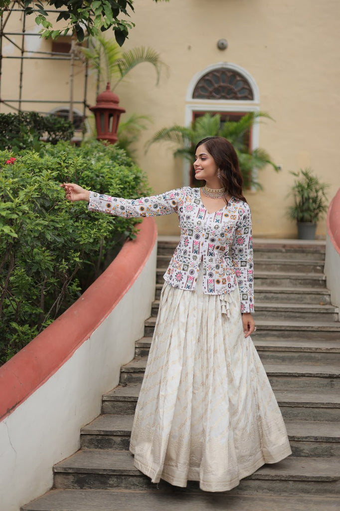 White Elegant Viscose Jacquard Lehenga with Embroidered Faux Georgette Peplum ClothsVilla.com