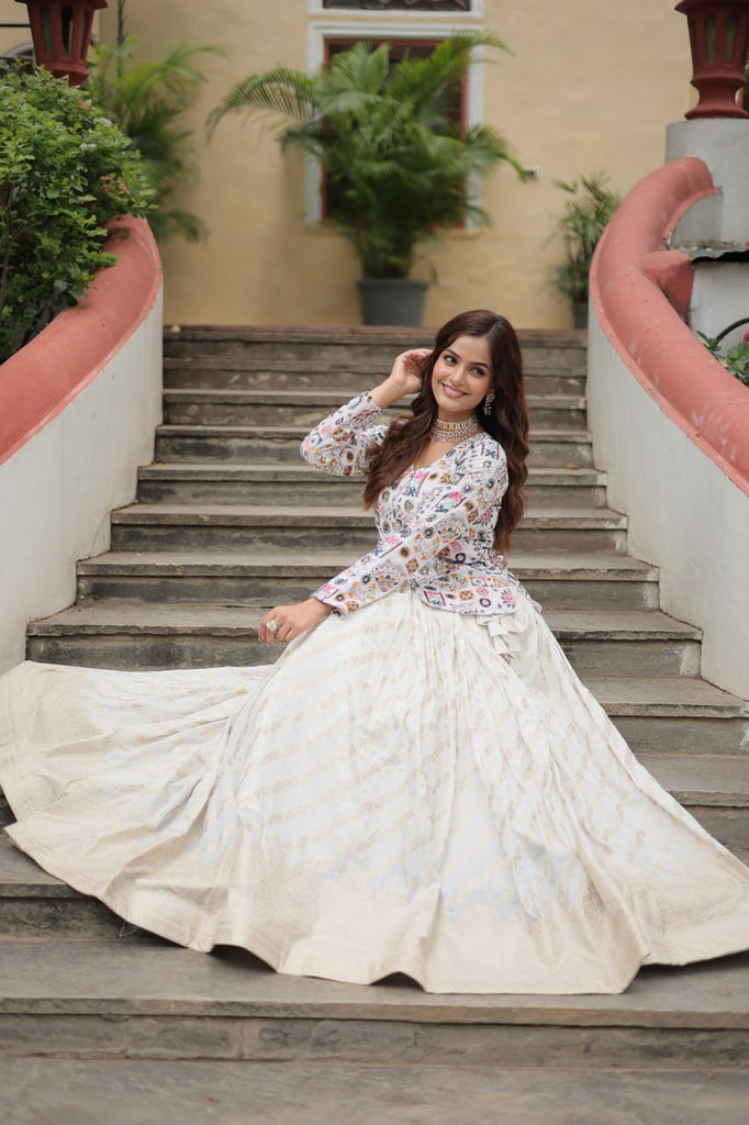 White Elegant Viscose Jacquard Lehenga with Embroidered Faux Georgette Peplum ClothsVilla.com