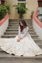 Load image into Gallery viewer, White Elegant Viscose Jacquard Lehenga with Embroidered Faux Georgette Peplum ClothsVilla.com