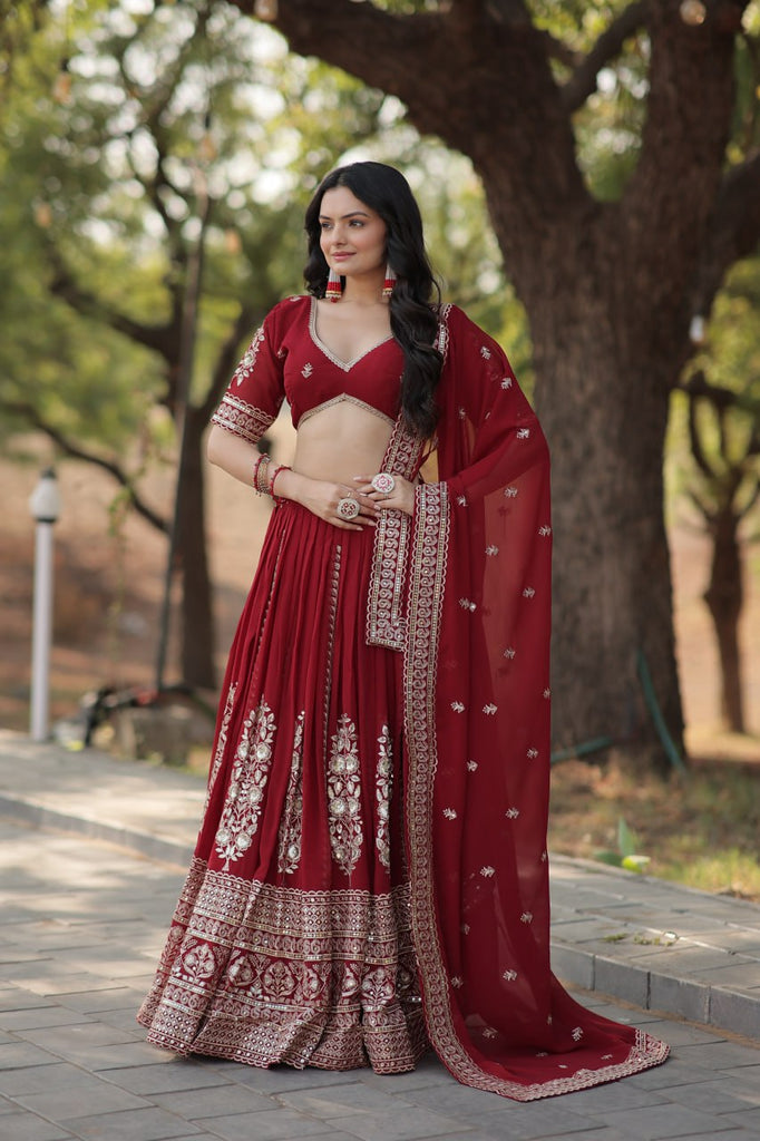 Maroon Stunning Faux Georgette Lehenga with Sequins Embroidery and Dupatta Set ClothsVilla