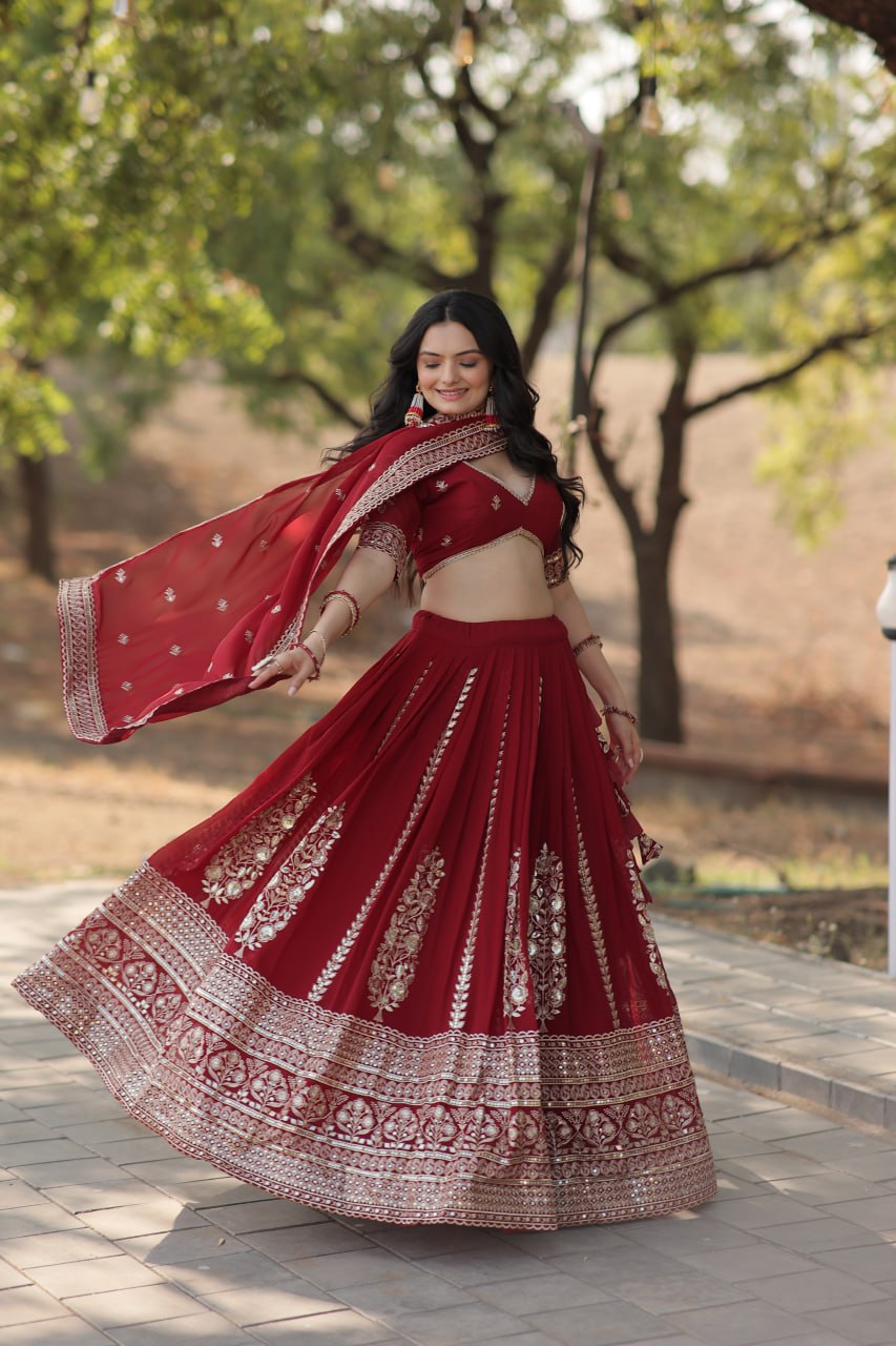 Maroon Stunning Faux Georgette Lehenga with Sequins Embroidery and Dupatta Set ClothsVilla Main image