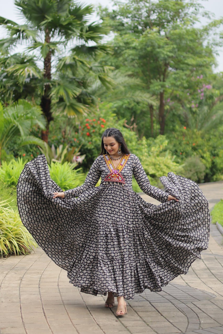 Black Designer Cotton Gown with Kutchi Gamthi & Kodi Lace Work – 3-Layer Frill Stitch ClothsVilla Main image