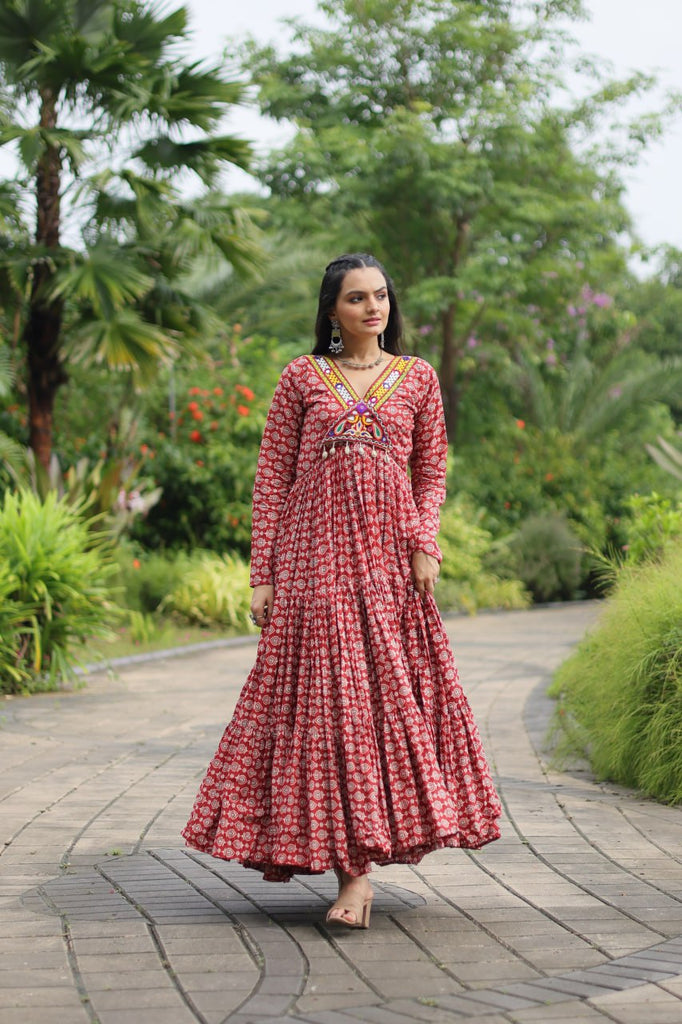 Red Designer Cotton Gown with Kutchi Gamthi & Kodi Lace Work – 3-Layer Frill Stitch ClothsVilla