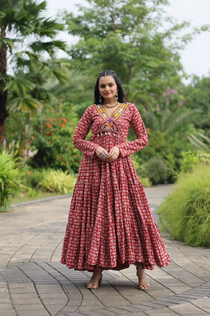 Red Designer Cotton Gown with Kutchi Gamthi & Kodi Lace Work – 3-Layer Frill Stitch ClothsVilla