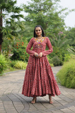 Load image into Gallery viewer, Red Designer Cotton Gown with Kutchi Gamthi &amp; Kodi Lace Work – 3-Layer Frill Stitch ClothsVilla