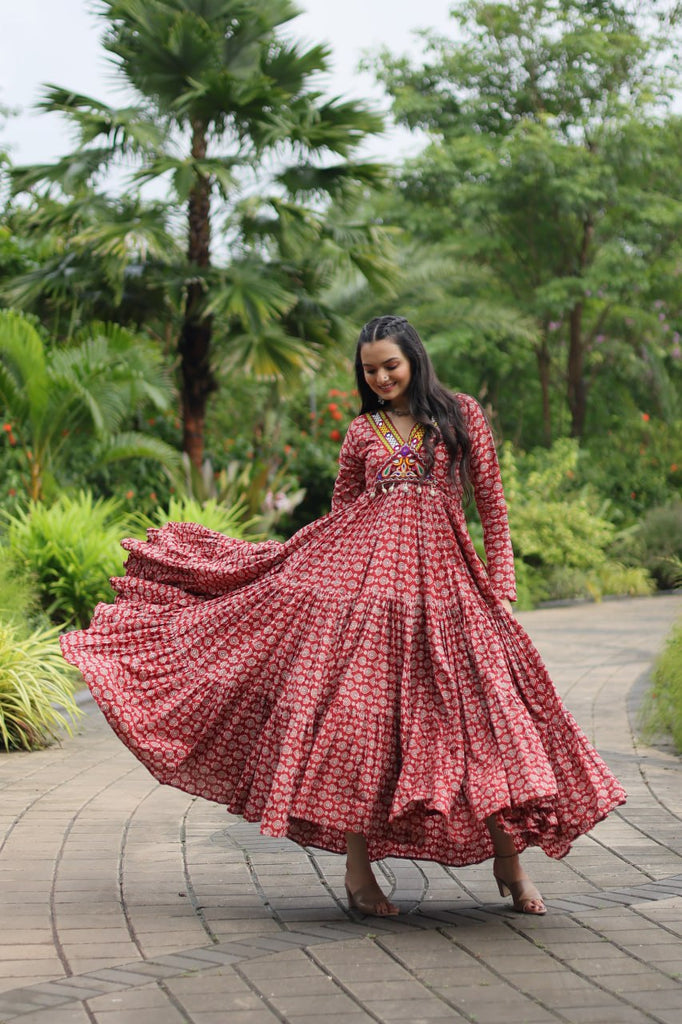 Red Designer Cotton Gown with Kutchi Gamthi & Kodi Lace Work – 3-Layer Frill Stitch ClothsVilla