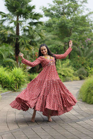 Red Designer Cotton Gown with Kutchi Gamthi & Kodi Lace Work – 3-Layer Frill Stitch ClothsVilla