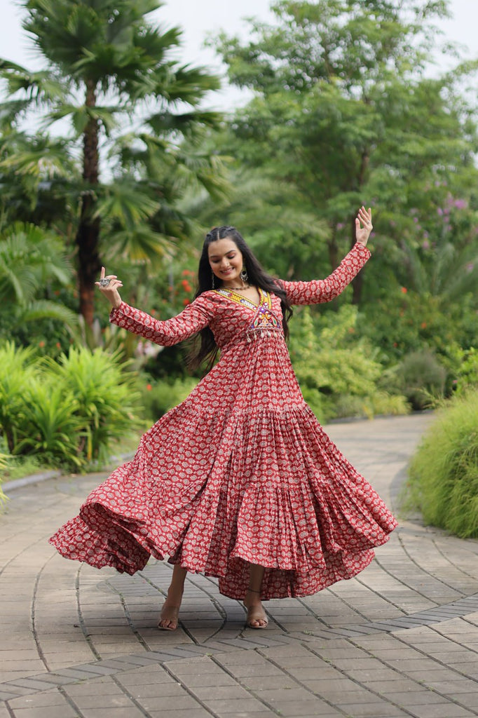 Red Designer Cotton Gown with Kutchi Gamthi & Kodi Lace Work – 3-Layer Frill Stitch ClothsVilla