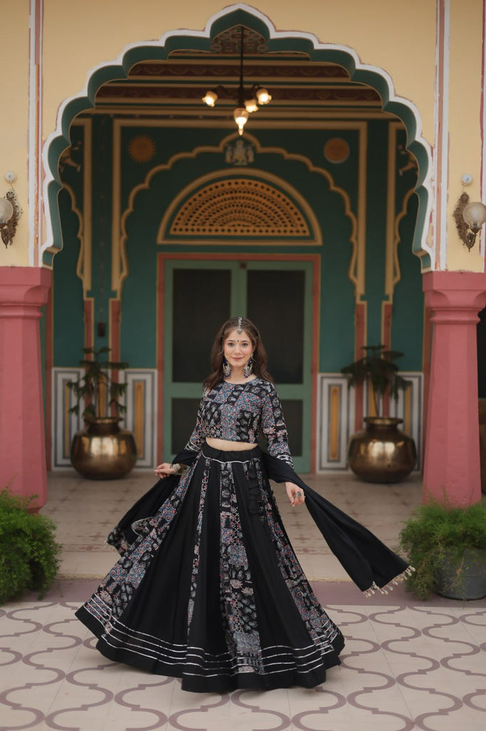 Black Festive Printed Rayon Lehenga Choli Set with Gota Patti & Kodi Lace ClothsVilla.com