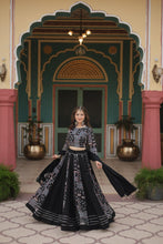 Load image into Gallery viewer, Black Festive Printed Rayon Lehenga Choli Set with Gota Patti &amp; Kodi Lace ClothsVilla.com