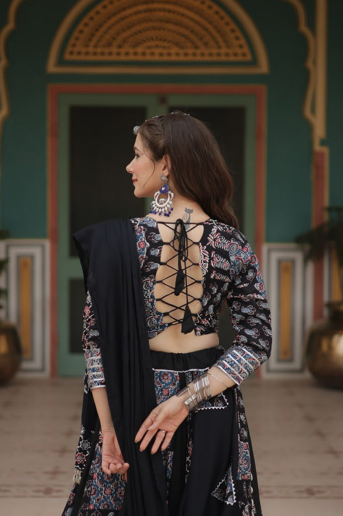 Black Festive Printed Rayon Lehenga Choli Set with Gota Patti & Kodi Lace ClothsVilla.com