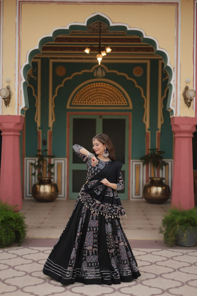 Black Festive Printed Rayon Lehenga Choli Set with Gota Patti & Kodi Lace ClothsVilla.com