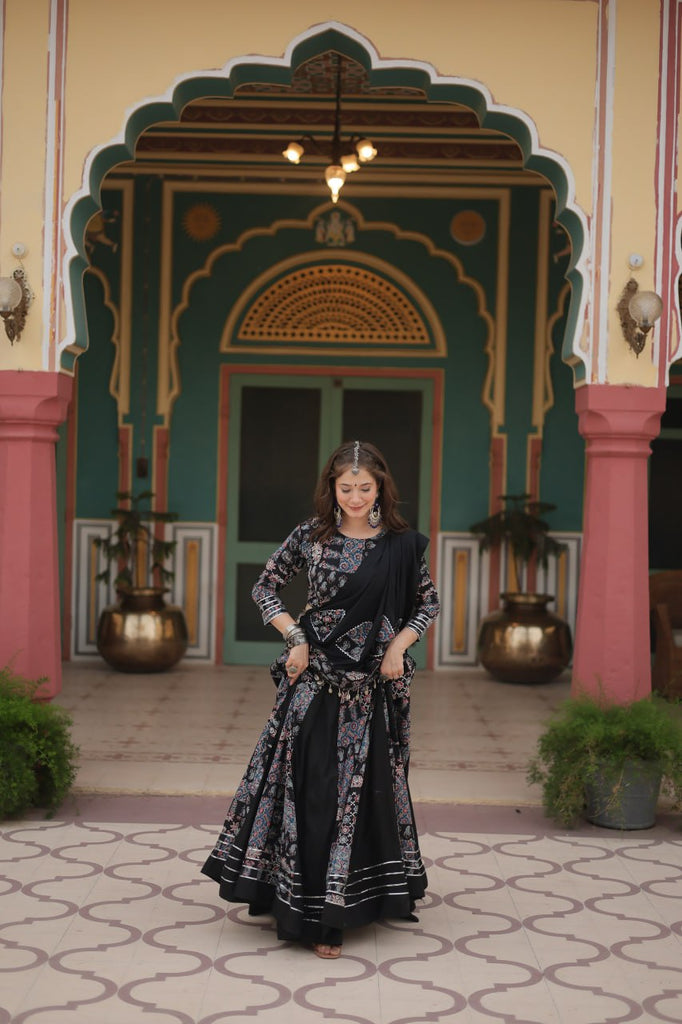 Black Festive Printed Rayon Lehenga Choli Set with Gota Patti & Kodi Lace ClothsVilla.com