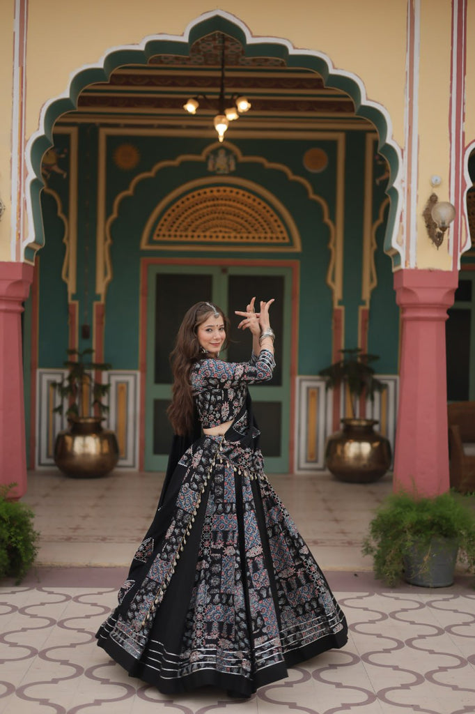 Black Festive Printed Rayon Lehenga Choli Set with Gota Patti & Kodi Lace ClothsVilla.com