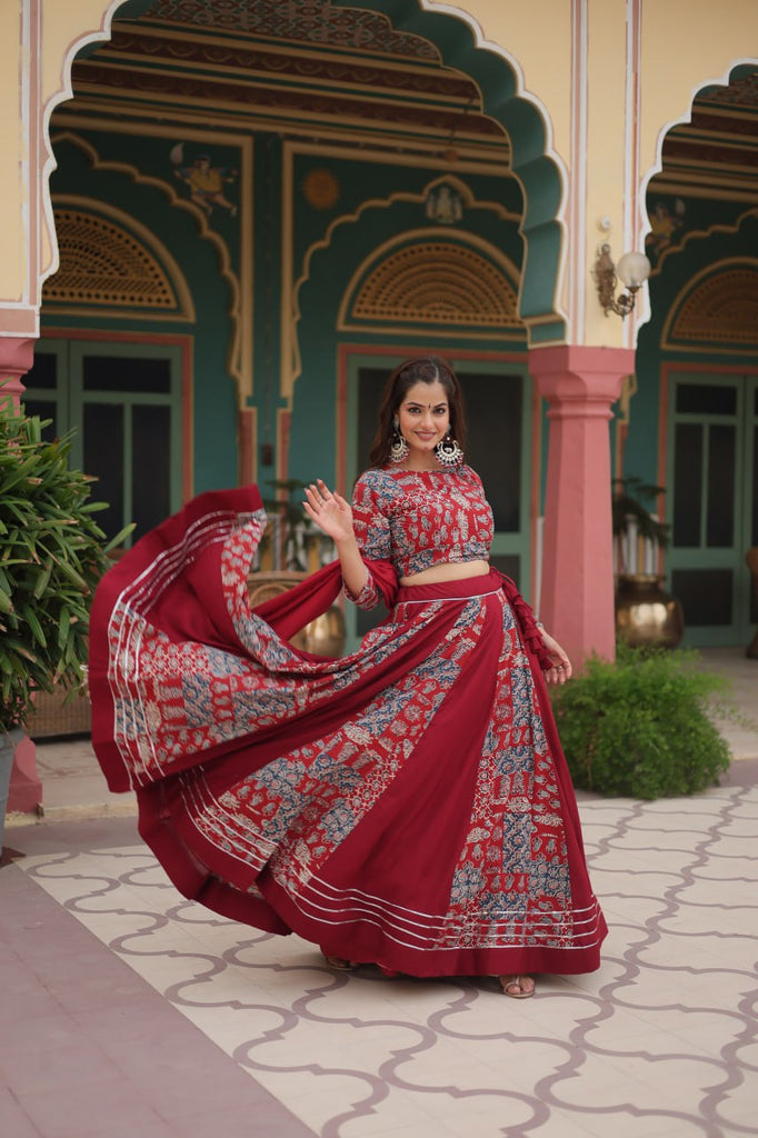 Red Festive Printed Rayon Lehenga Choli Set with Gota Patti & Kodi Lace ClothsVilla.com