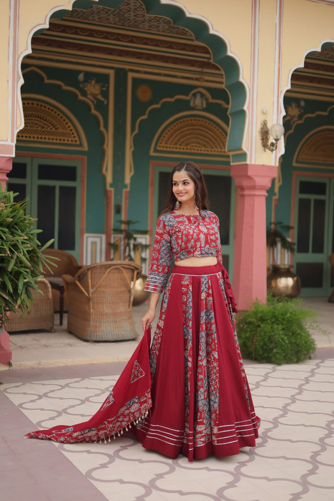 Red Festive Printed Rayon Lehenga Choli Set with Gota Patti & Kodi Lace ClothsVilla.com