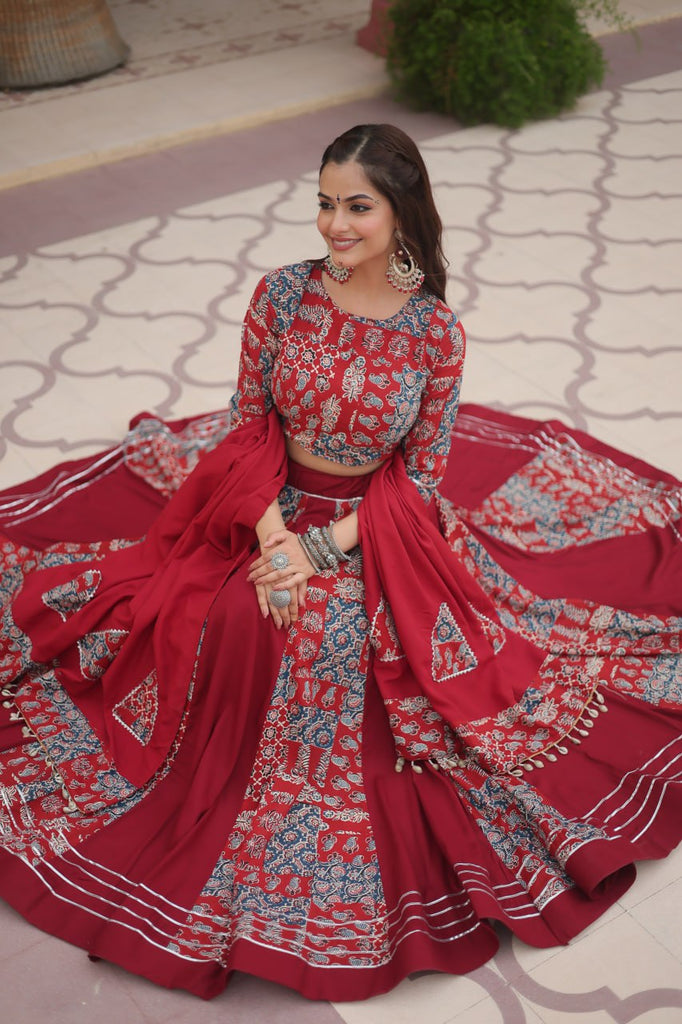 Red Festive Printed Rayon Lehenga Choli Set with Gota Patti & Kodi Lace ClothsVilla.com