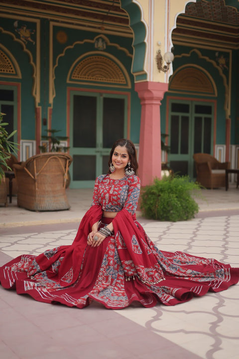 Red Festive Printed Rayon Lehenga Choli Set with Gota Patti & Kodi Lace ClothsVilla.com Main image