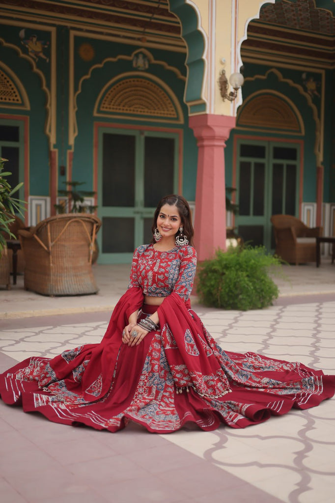 Red Festive Printed Rayon Lehenga Choli Set with Gota Patti & Kodi Lace ClothsVilla.com