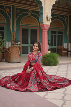 Load image into Gallery viewer, Red Festive Printed Rayon Lehenga Choli Set with Gota Patti &amp; Kodi Lace ClothsVilla.com