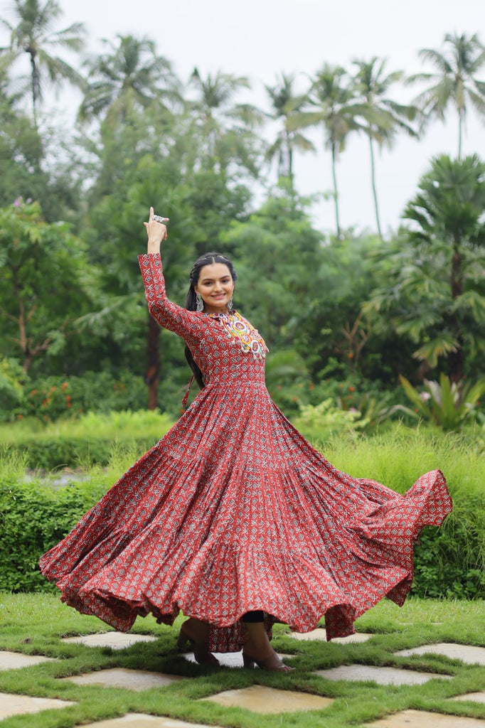 Red Designer Printed Cotton Gown with Kutchi Gamthi Lace and Kodi Work Clothsvilla