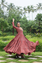 Load image into Gallery viewer, Red Designer Printed Cotton Gown with Kutchi Gamthi Lace and Kodi Work Clothsvilla