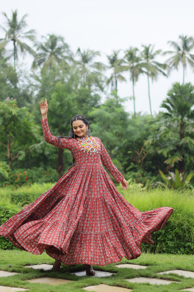 Red Designer Printed Cotton Gown with Kutchi Gamthi Lace and Kodi Work Clothsvilla