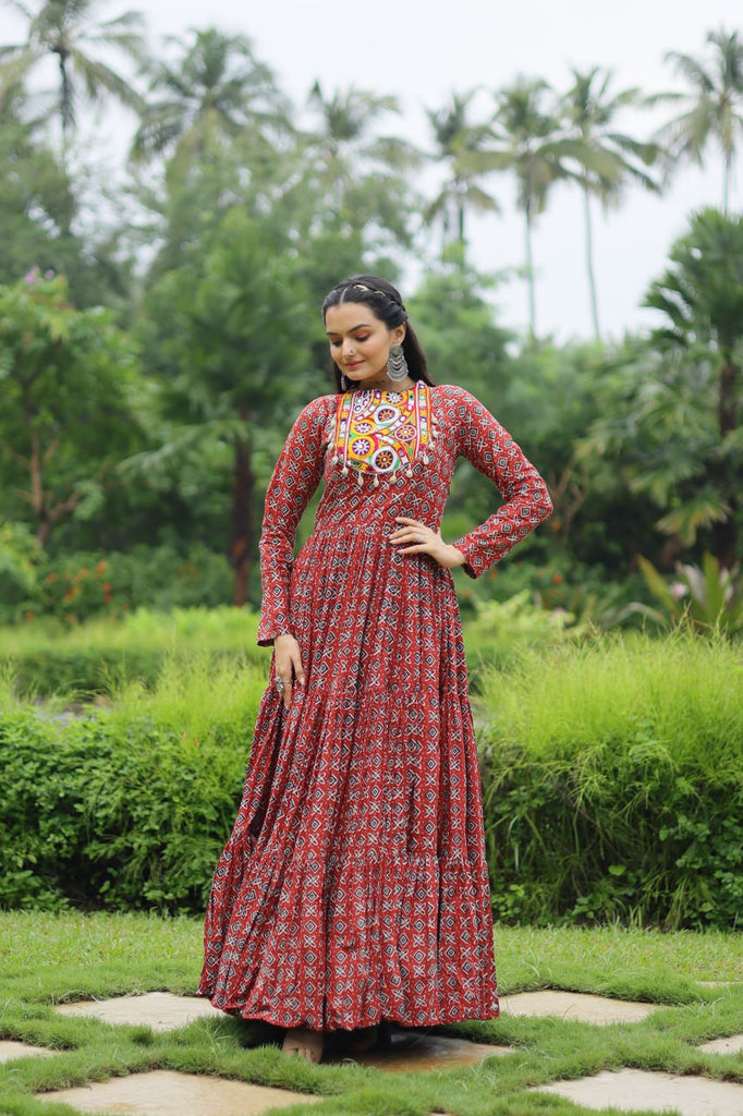 Red Designer Printed Cotton Gown with Kutchi Gamthi Lace and Kodi Work Clothsvilla