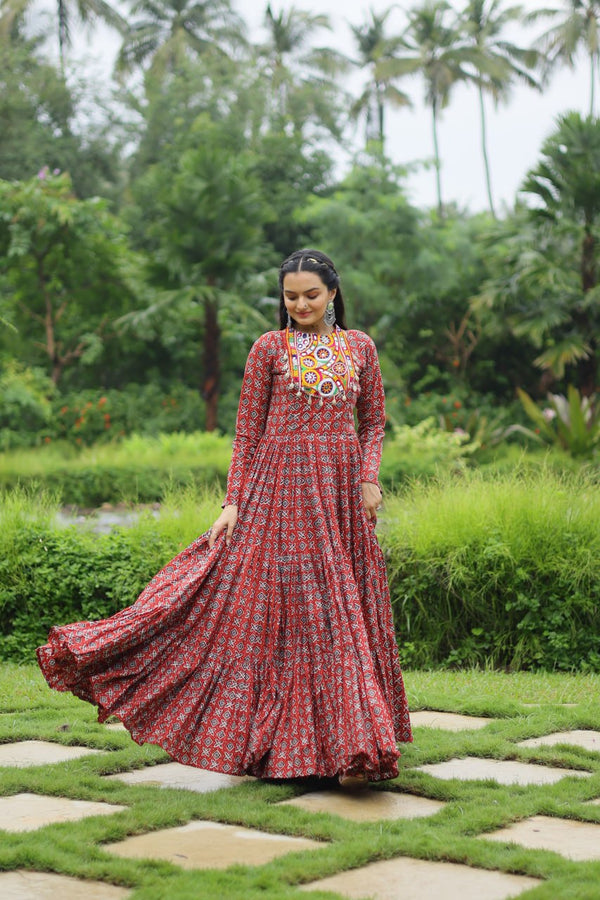 Red Designer Printed Cotton Gown with Kutchi Gamthi Lace and Kodi Work Clothsvilla