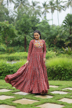 Load image into Gallery viewer, Red Designer Printed Cotton Gown with Kutchi Gamthi Lace and Kodi Work Clothsvilla