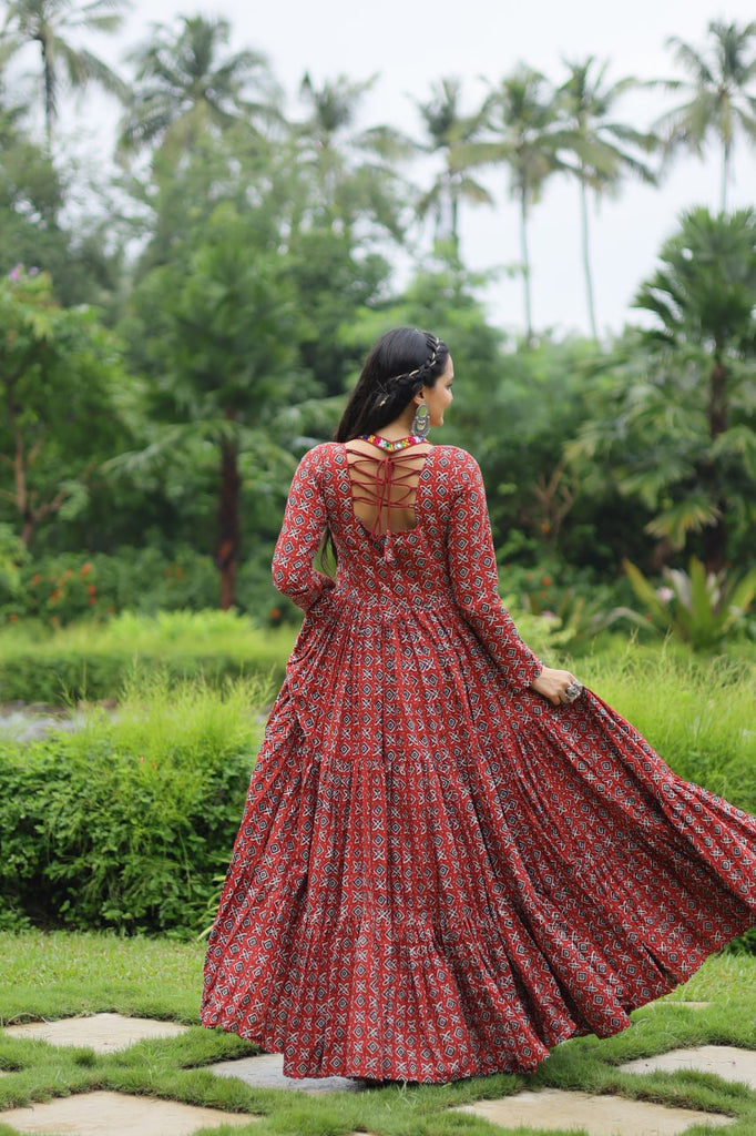 Red Designer Printed Cotton Gown with Kutchi Gamthi Lace and Kodi Work Clothsvilla