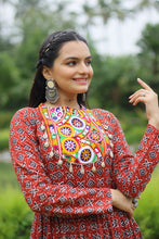 Load image into Gallery viewer, Red Designer Printed Cotton Gown with Kutchi Gamthi Lace and Kodi Work Clothsvilla