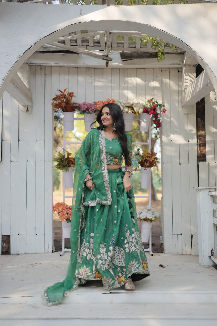 Green Elegant Gold Coin Lehenga Choli with Sequins & Thread Embroidery ClothsVilla Main image