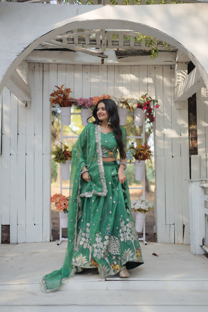 Green Elegant Gold Coin Lehenga Choli with Sequins & Thread Embroidery ClothsVilla