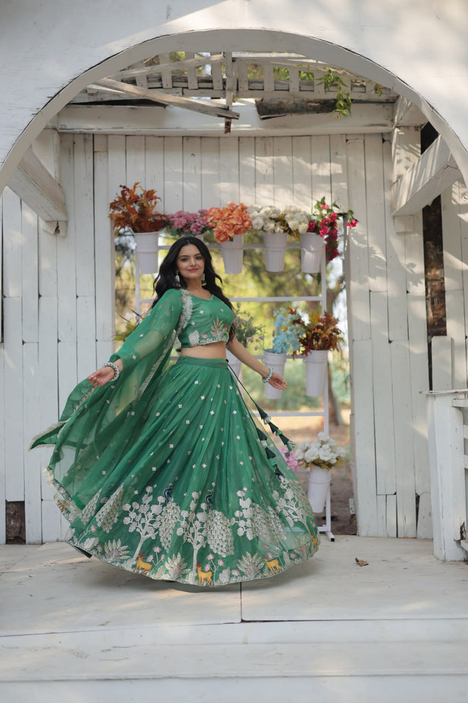 Green Elegant Gold Coin Lehenga Choli with Sequins & Thread Embroidery ClothsVilla