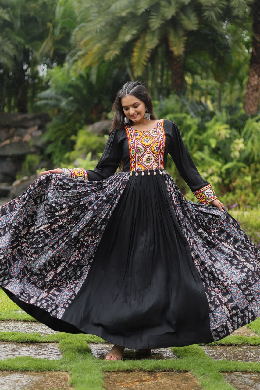 Black Designer Heavy Rayon Gown with Kutchi Gamthi Work and Printed Flair Clothsvilla Main image