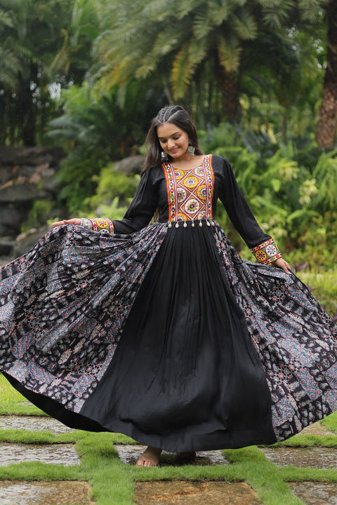 Black Designer Heavy Rayon Gown with Kutchi Gamthi Work and Printed Flair Clothsvilla Main image