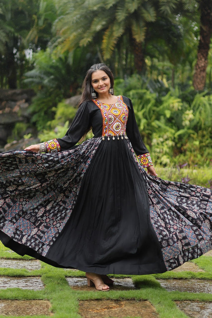 Black Designer Heavy Rayon Gown with Kutchi Gamthi Work and Printed Flair Clothsvilla