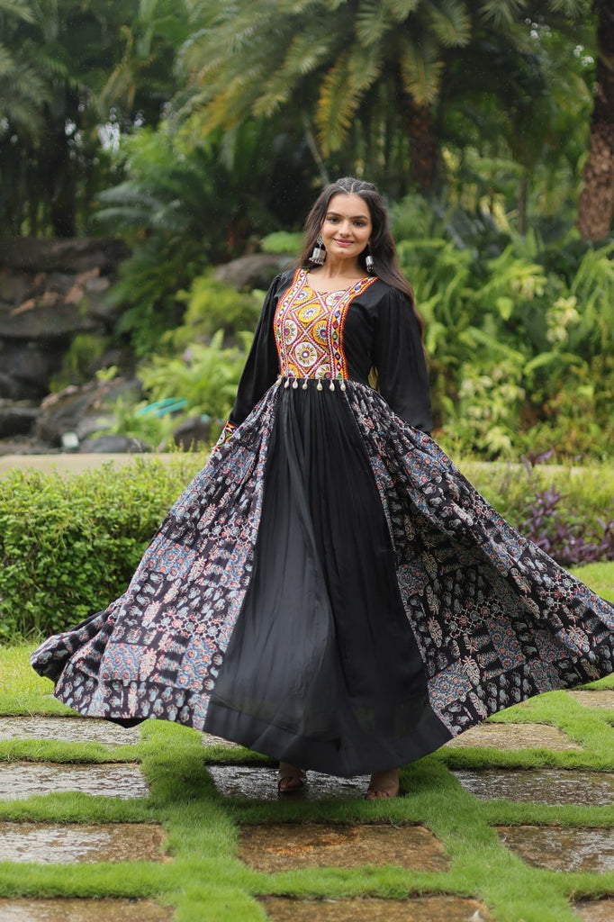 Black Designer Heavy Rayon Gown with Kutchi Gamthi Work and Printed Flair Clothsvilla