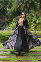 Load image into Gallery viewer, Black Designer Heavy Rayon Gown with Kutchi Gamthi Work and Printed Flair Clothsvilla