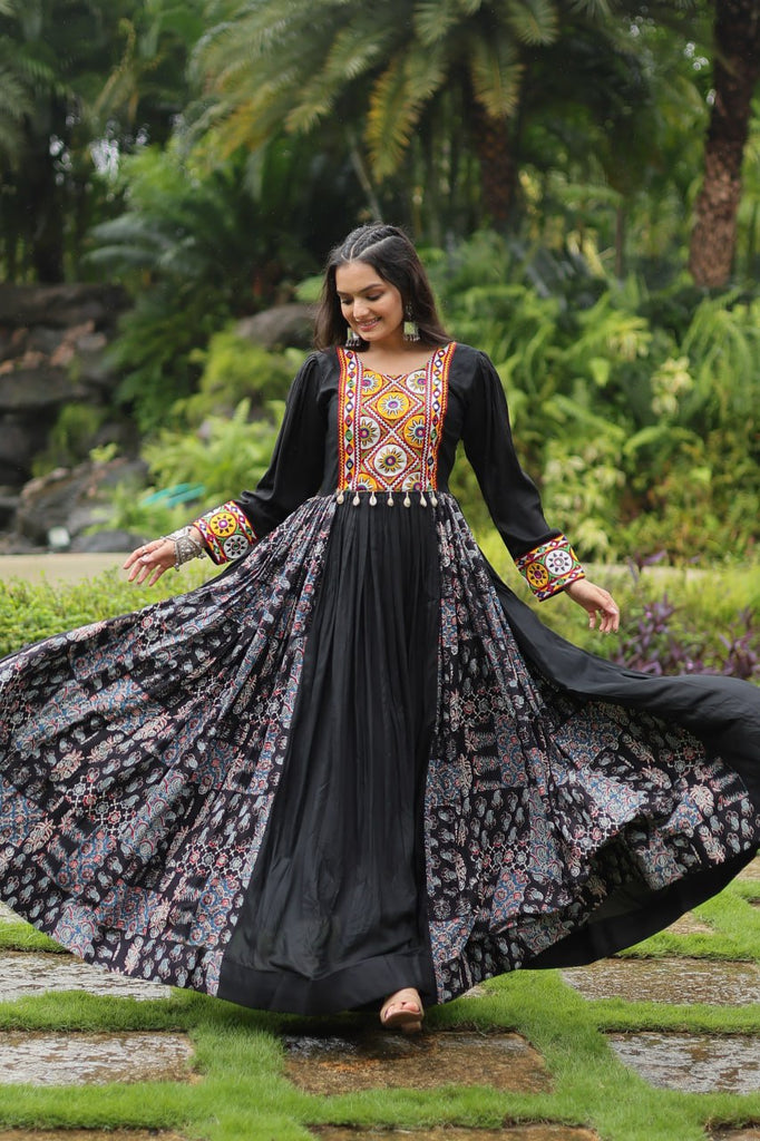 Black Designer Heavy Rayon Gown with Kutchi Gamthi Work and Printed Flair Clothsvilla