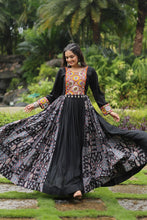 Load image into Gallery viewer, Black Designer Heavy Rayon Gown with Kutchi Gamthi Work and Printed Flair Clothsvilla