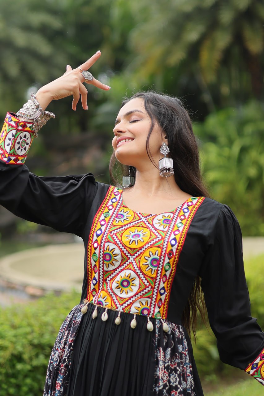 Black Designer Heavy Rayon Gown with Kutchi Gamthi Work and Printed Flair Clothsvilla