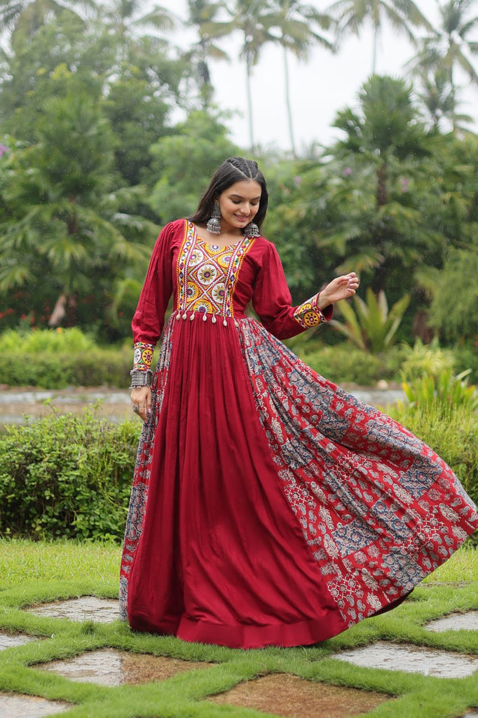 Red Designer Heavy Rayon Gown with Kutchi Gamthi Work and Printed Flair Clothsvilla