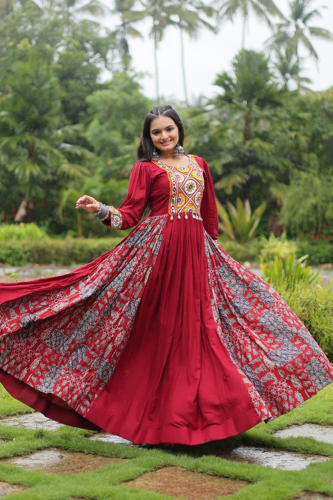 Red Designer Heavy Rayon Gown with Kutchi Gamthi Work and Printed Flair Clothsvilla