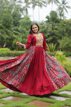 Load image into Gallery viewer, Red Designer Heavy Rayon Gown with Kutchi Gamthi Work and Printed Flair Clothsvilla