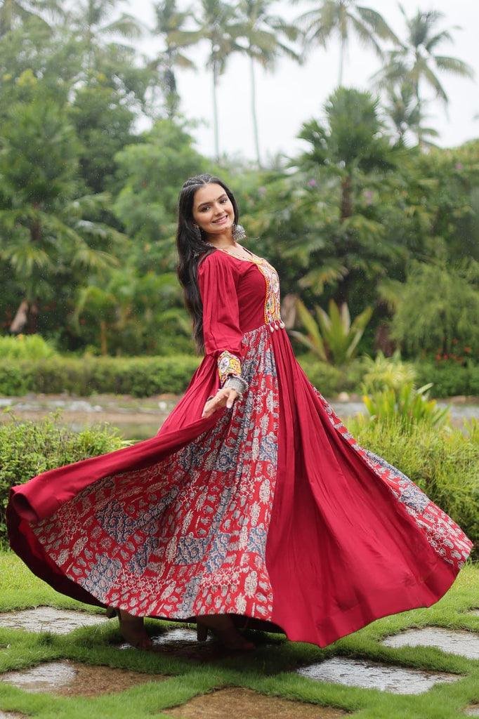 Red Designer Heavy Rayon Gown with Kutchi Gamthi Work and Printed Flair Clothsvilla